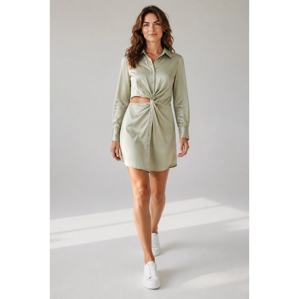 Princess Polly Sage Green Satin Twist Front Cutout Long Sleeve Mini Dress 4 NEW!